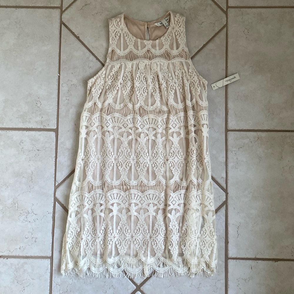 Speechless Boho Sheath Dress size small beige nude lace overlay S mini